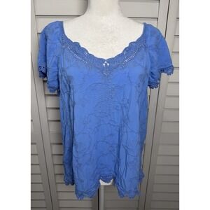 Democracy Boho Embroidered Crochet Lace Flutter Sleeve Top Women's Size Medium